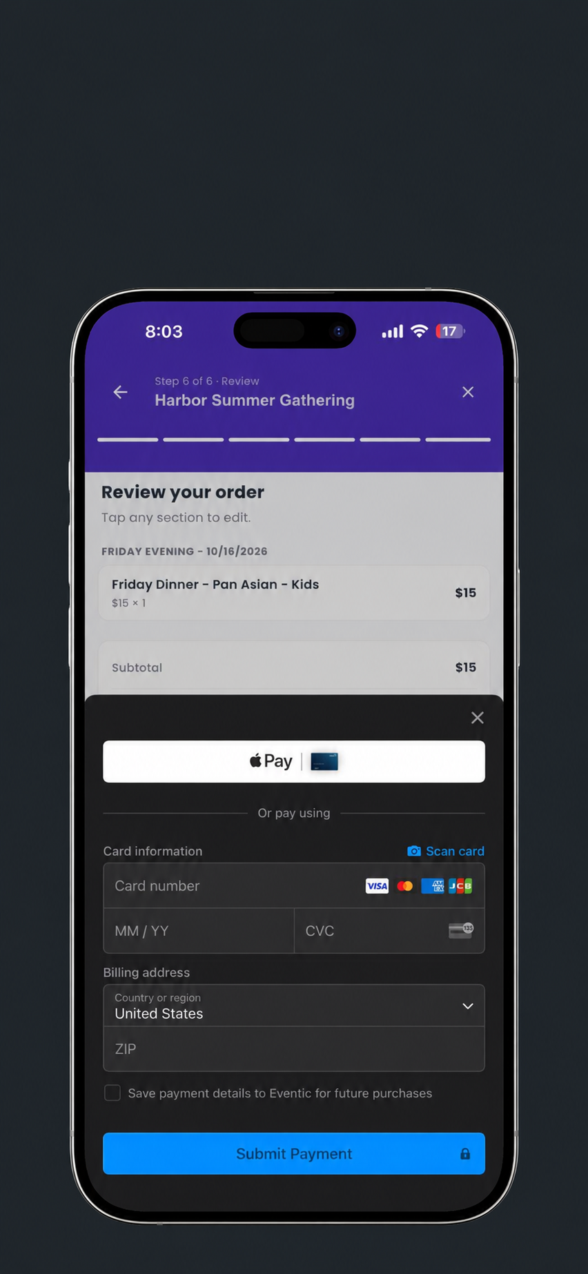 Harbor Summer Gathering checkout with Apple Pay and card payment inside the supplied phone bezel