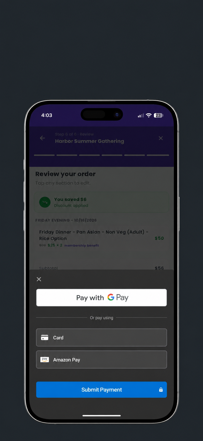 Harbor Summer Gathering checkout with Google Pay and card payment inside the supplied phone bezel