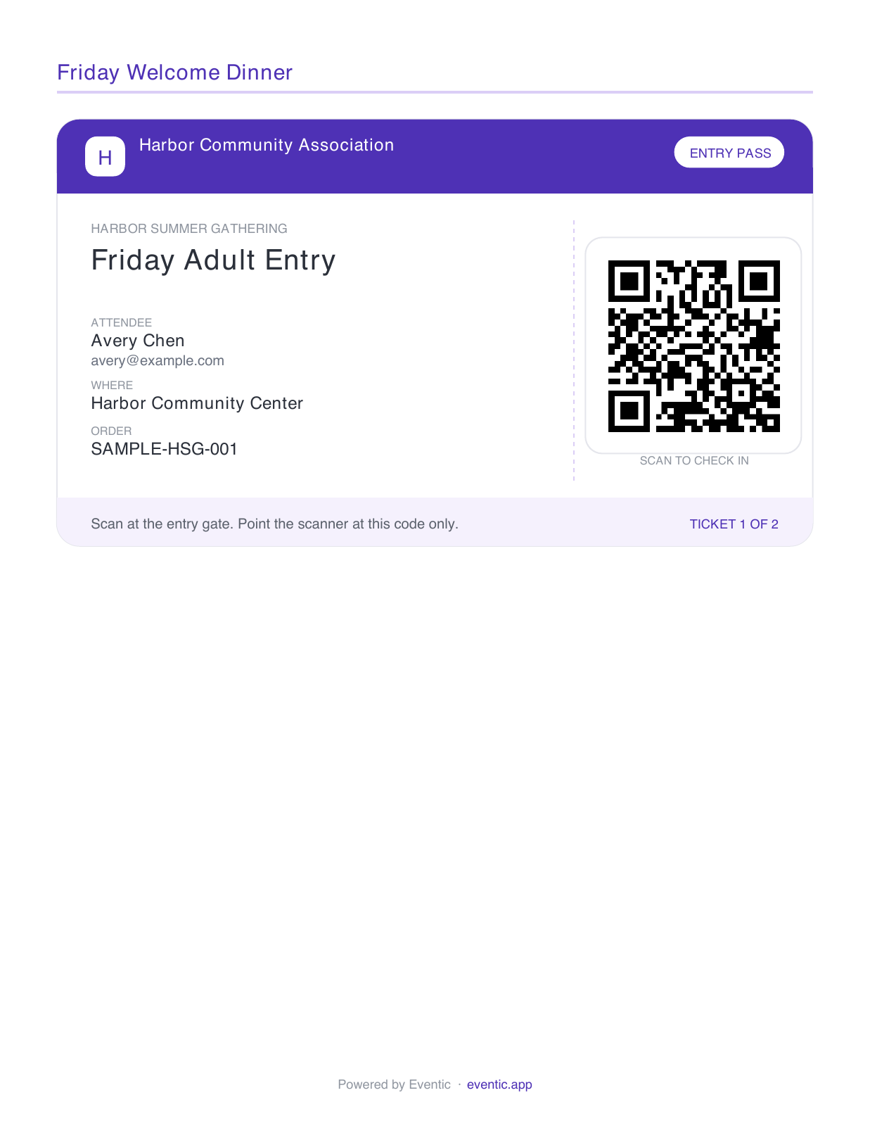 Actual Eventic PDF entry ticket layout with Harbor Summer Gathering, attendee details and an individual QR code; fictional non-valid sample