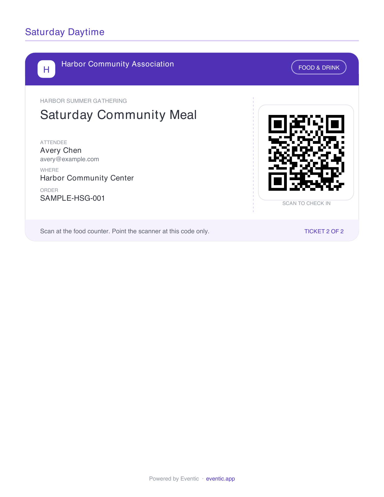 Actual Eventic PDF meal ticket layout with a separate Saturday Community Meal QR code; fictional non-valid sample