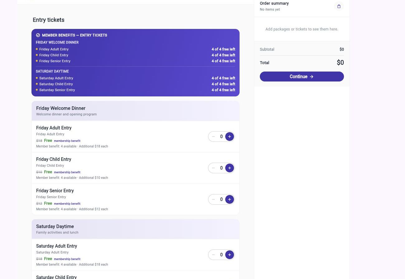 Current Eventic web registration wizard with event segments, member ticket benefits, and an order summary