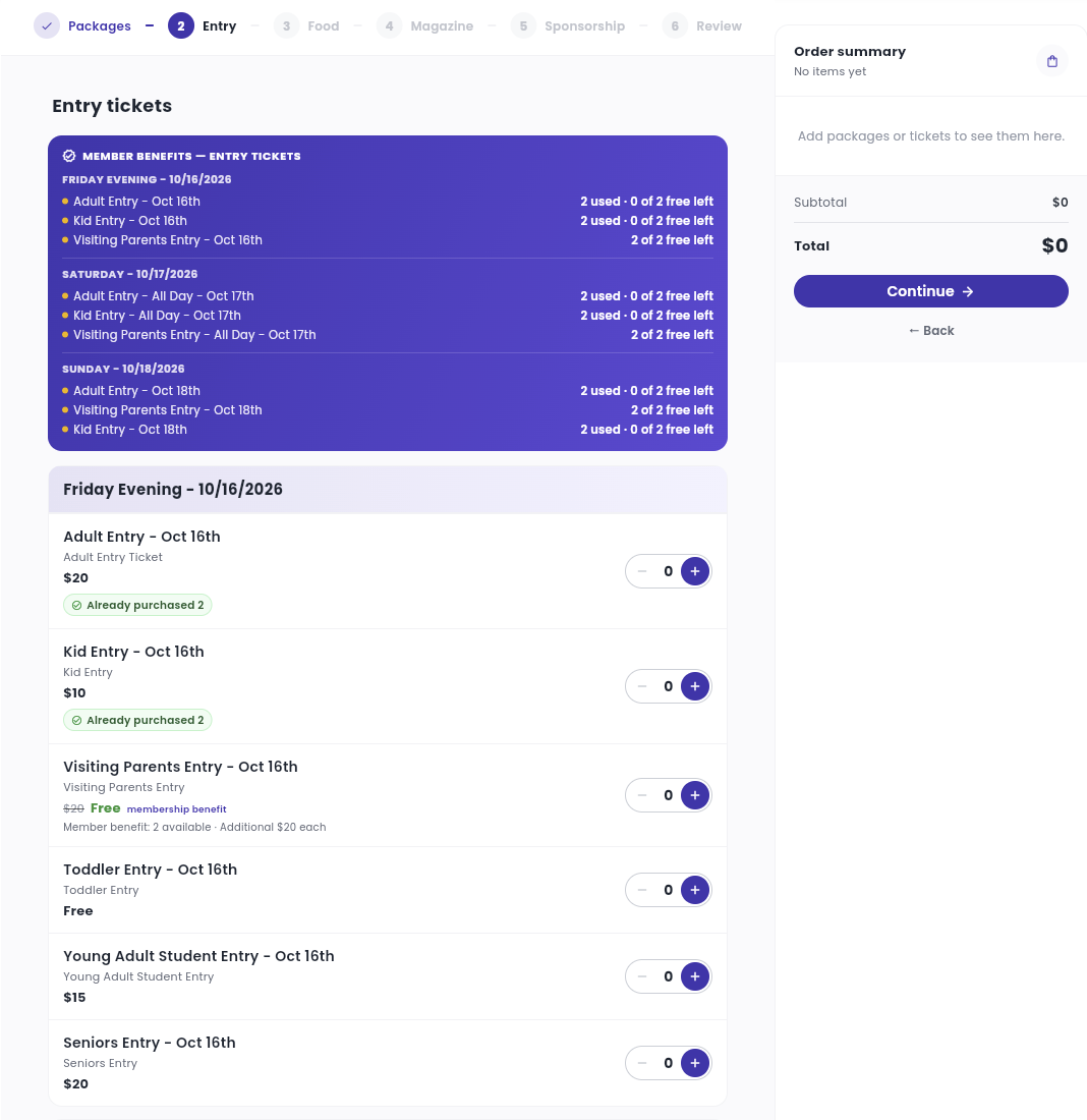 Current web registration wizard showing multi-day entry tickets, membership allowances, and an order summary