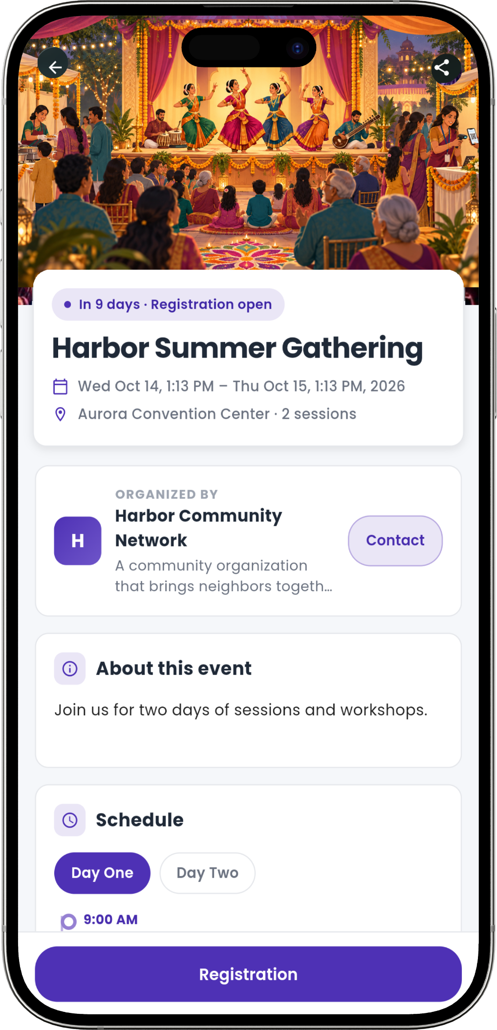 Eventic attendee event page showing dates, venue, organizer, a two-day schedule, and the Registration button
