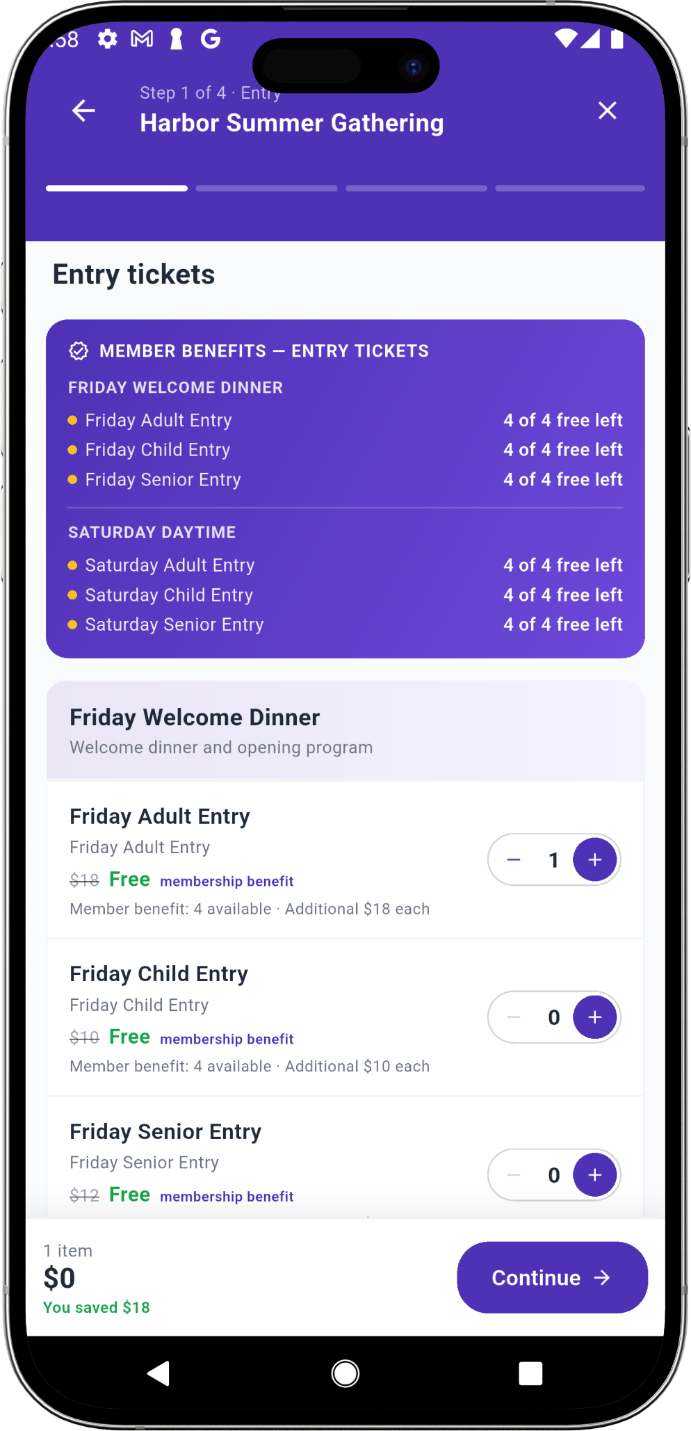 Eventic registration showing remaining membership benefits, an additional-ticket price, and savings after selecting one entry ticket