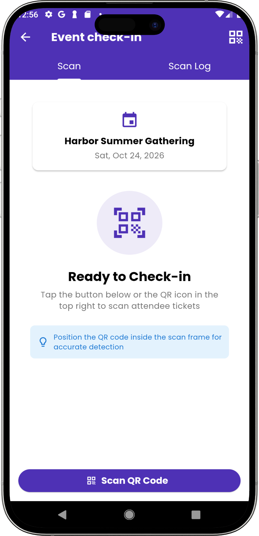 Eventic volunteer check-in screen with the selected event, Scan Log tab, and Scan QR Code action