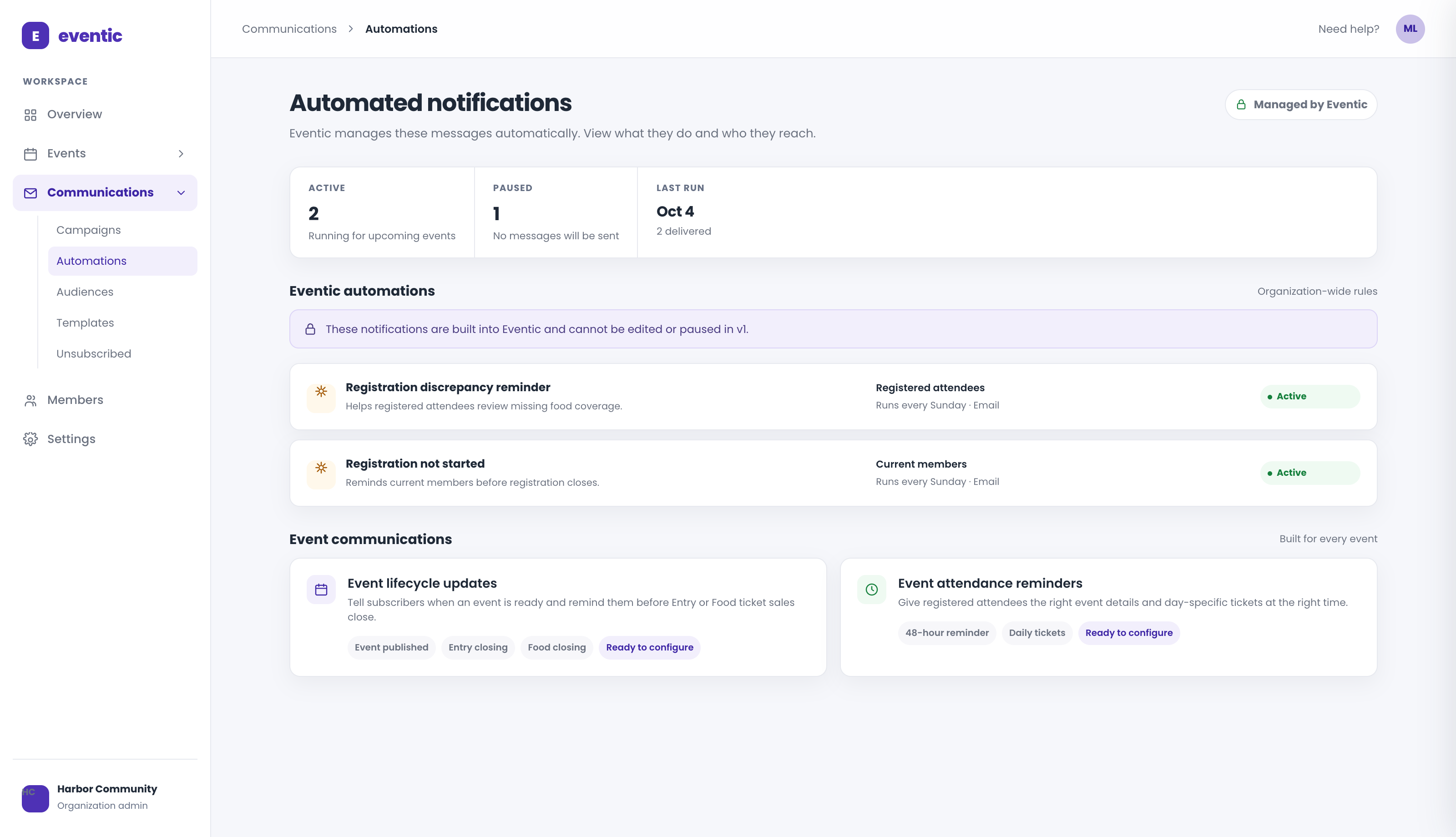 Communication Hub v7 design preview: automated notifications overview with registration reminders, event lifecycle updates and event attendance reminders