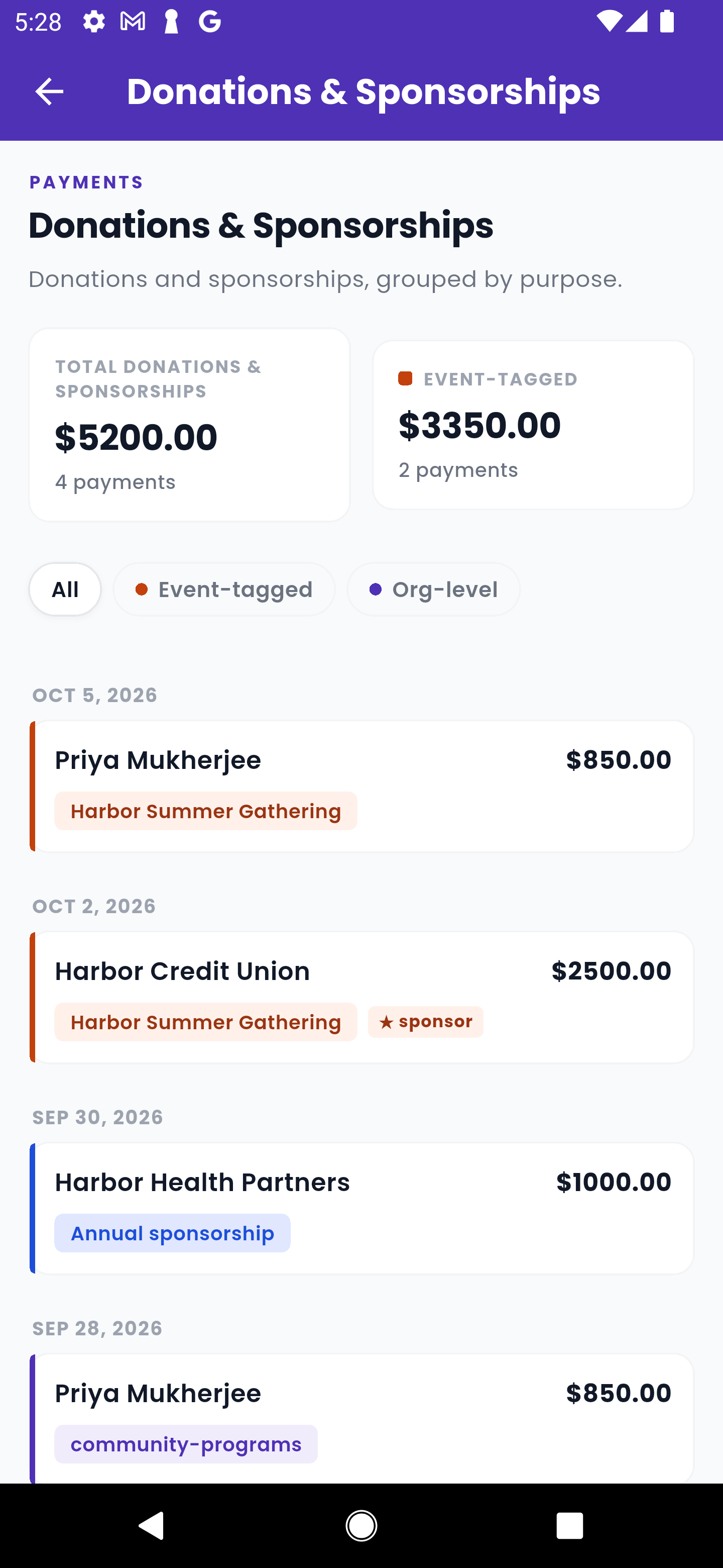 Eventic mobile Donations & Sponsorships admin ledger with event and organization support