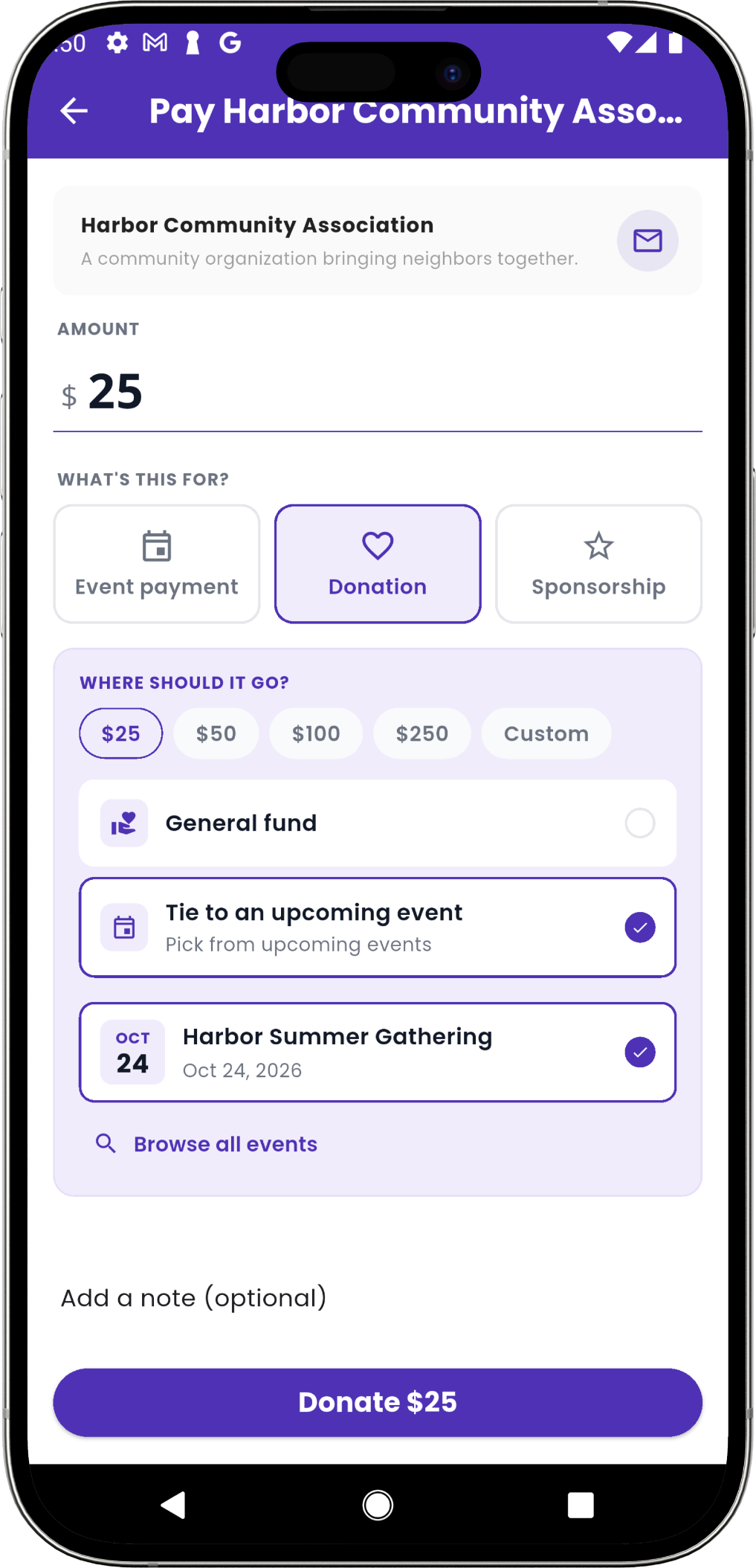 Eventic donor flow showing suggested and custom amounts, general fund and selected event choices