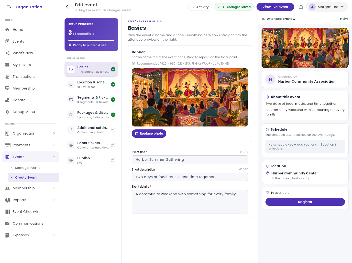 Eventic web event builder with setup sections, event details, and an attendee preview beside the editor