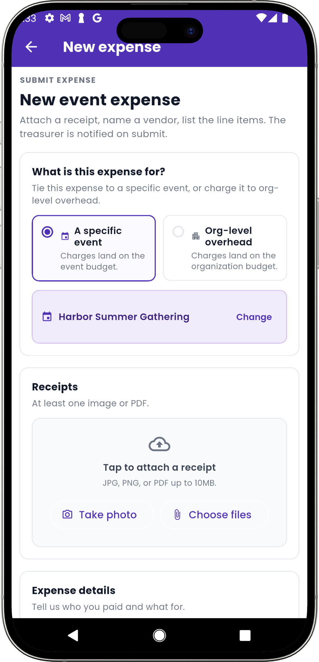 Eventic mobile expense form with event and organization options, Harbor Summer Gathering selected, and receipt attachment