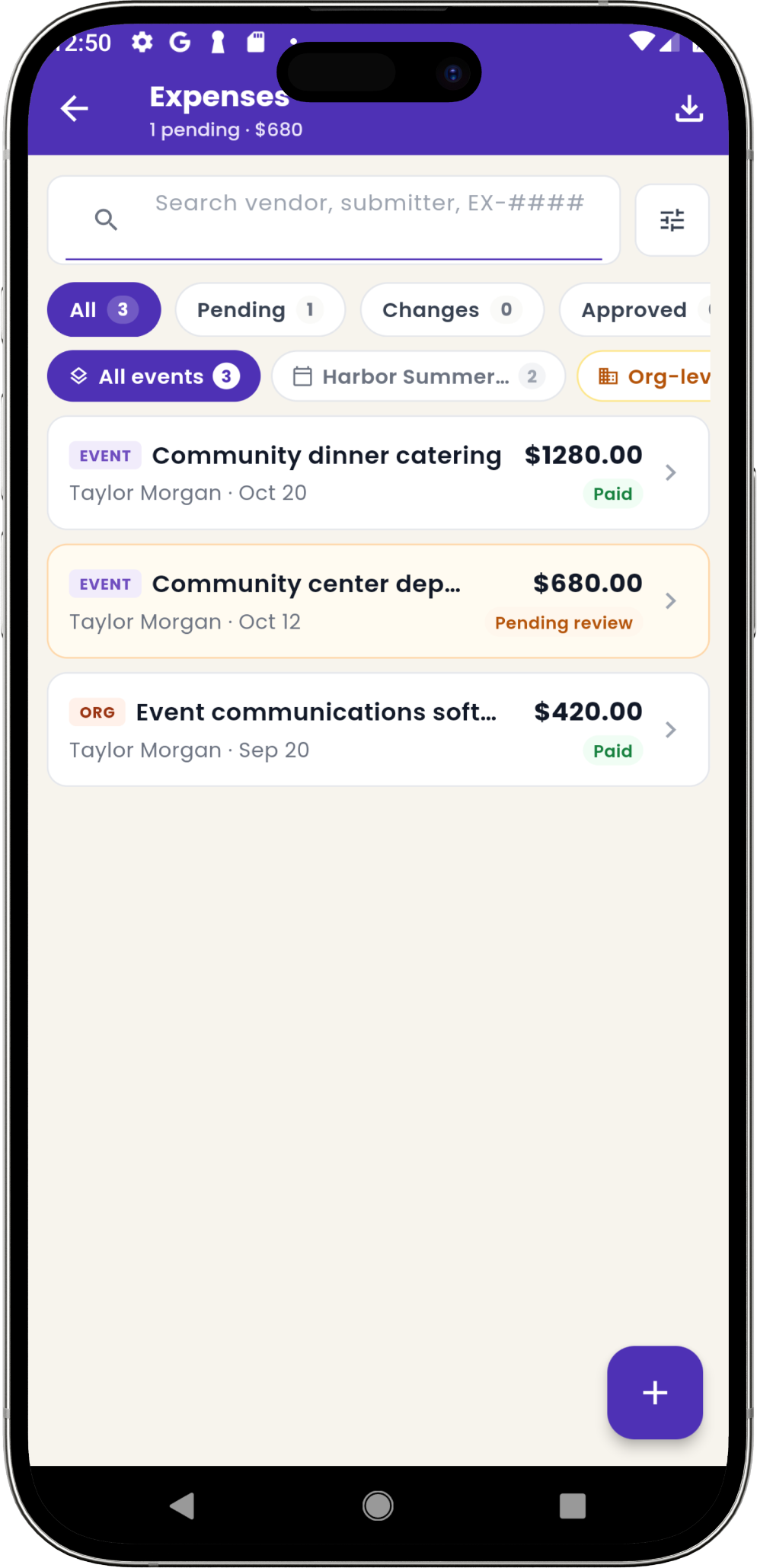 Eventic mobile admin expense dashboard with event and organization filters and paid and pending requests