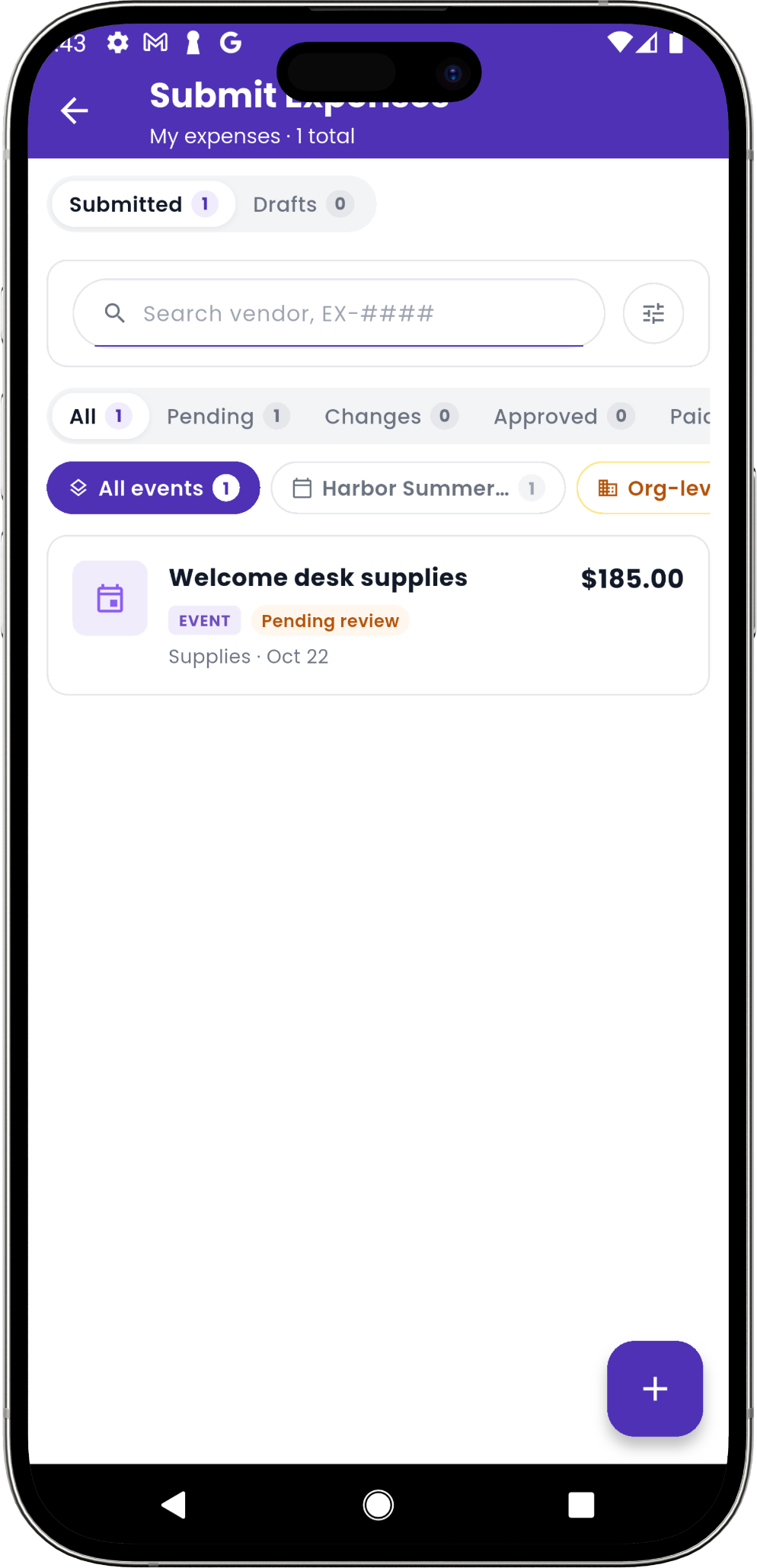 Eventic submitter’s expense list showing an event expense marked Pending review and filters for approved and paid requests