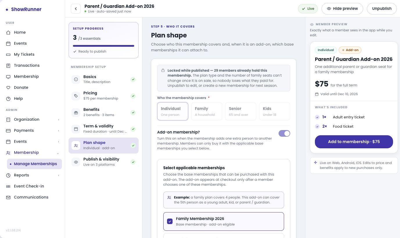 New builder design showing a parent or guardian add-on membership linked to an eligible family plan, with its own price and benefits