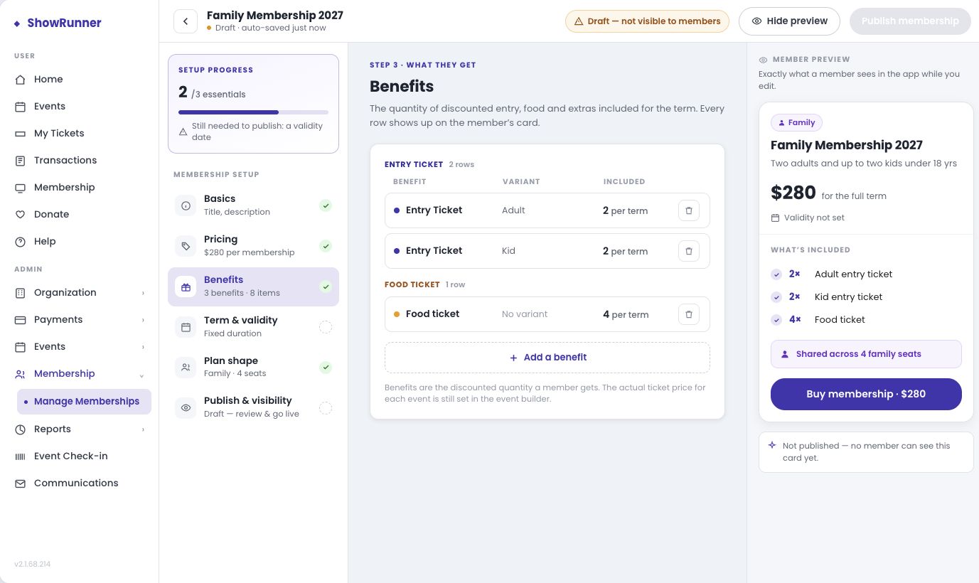 New membership builder design with adult and child entry allowances, food benefits, and a member-facing preview