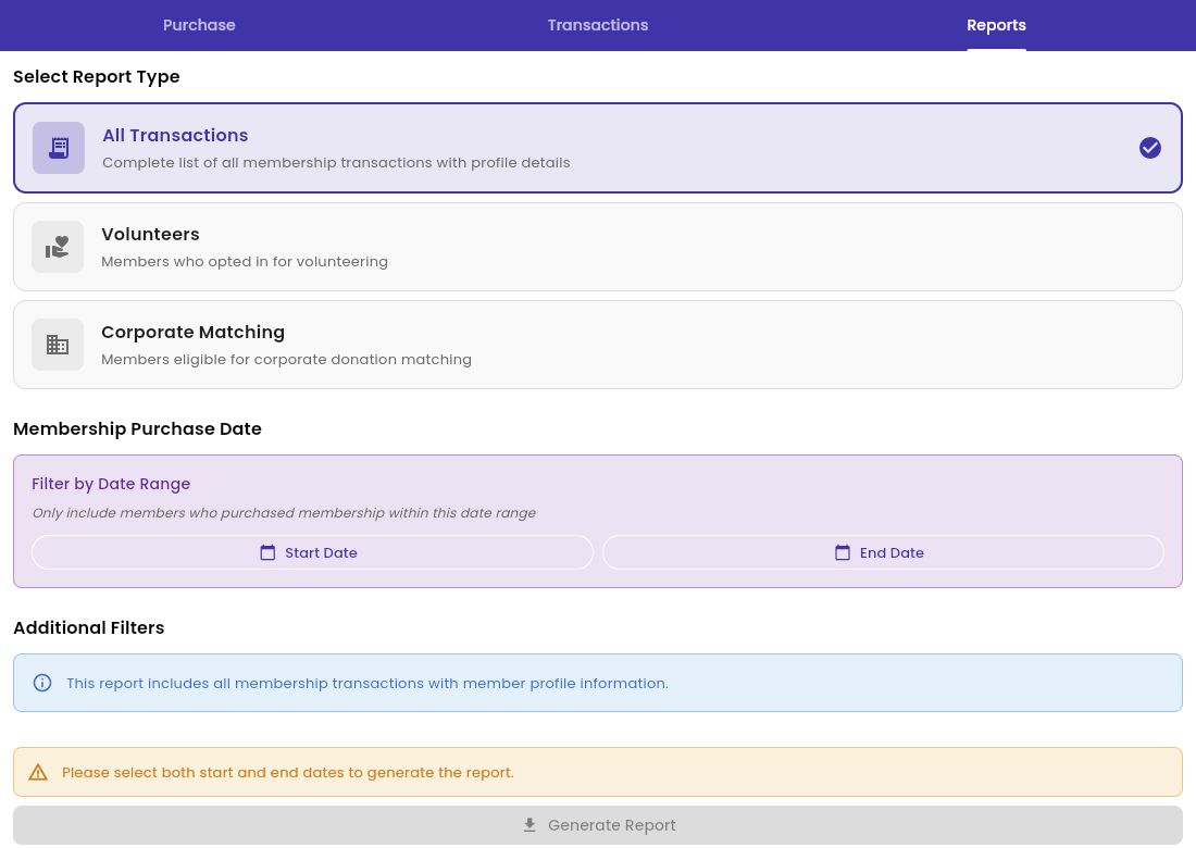 Current membership reporting controls with All Transactions, Volunteers, Corporate Matching, start and end dates, and Generate Report