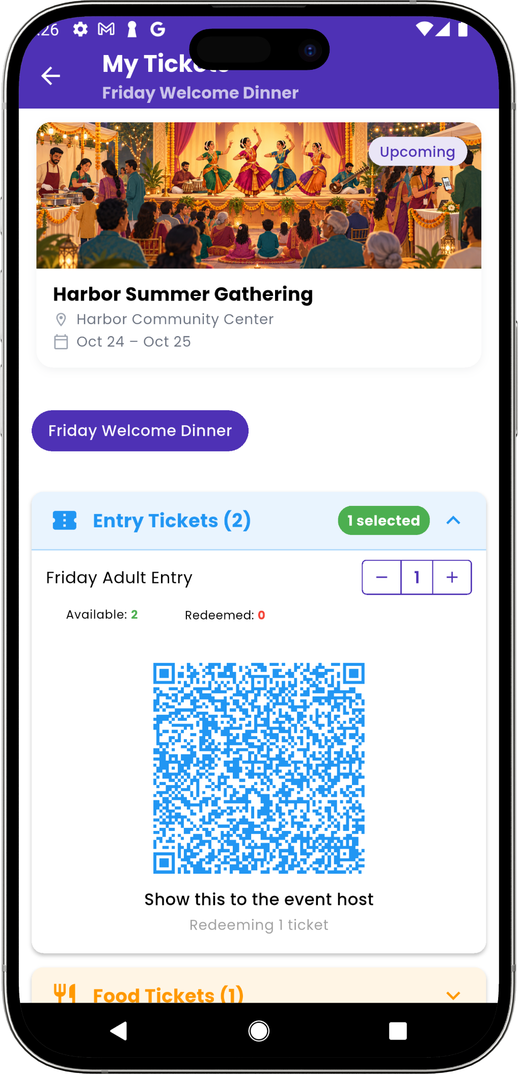 Eventic My Tickets with one entry ticket selected and its QR code ready to show to the event host