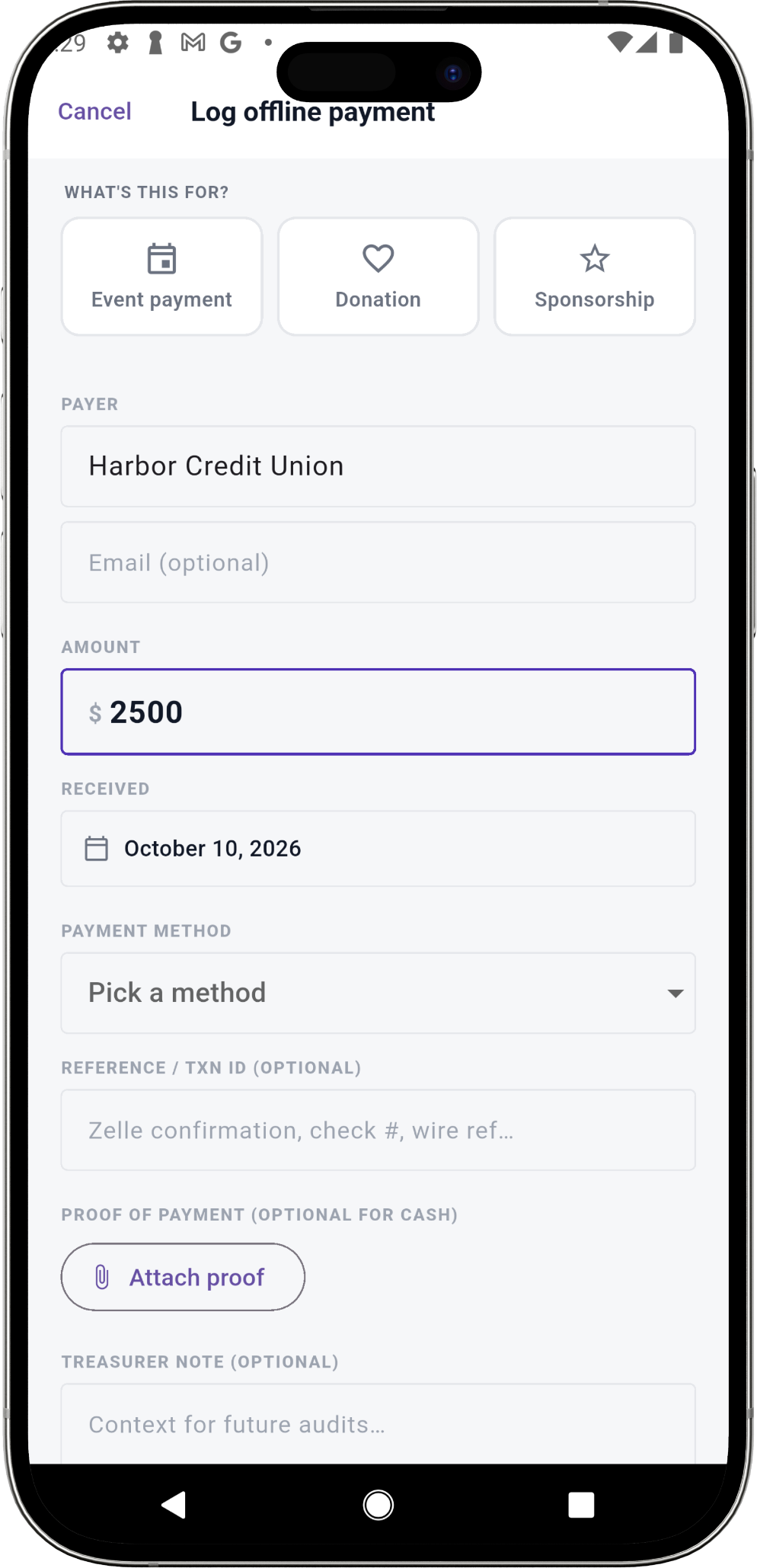 Eventic admin offline payment form with event payment, donation, and sponsorship choices, payer, amount, date, method, and proof fields