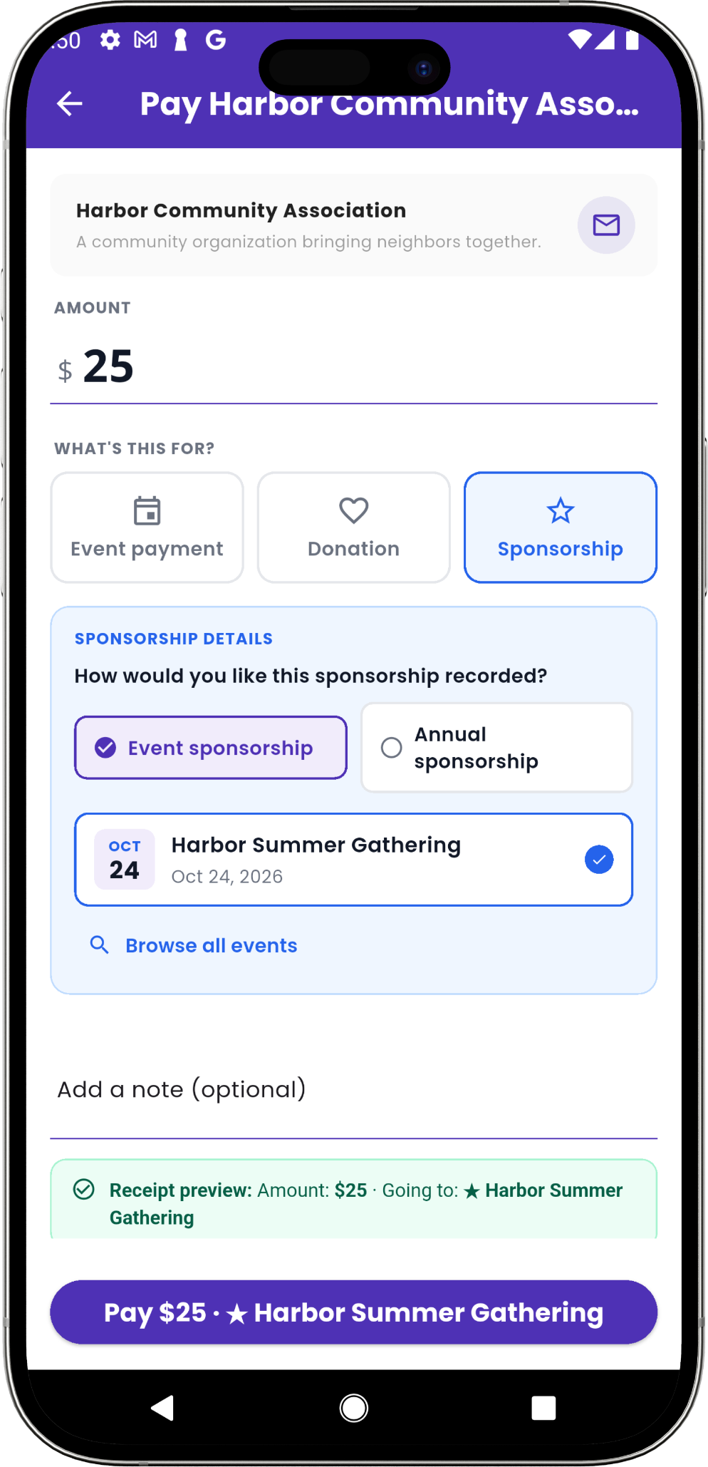 Eventic supporter payment form with Sponsorship selected, event and annual options, an event destination, and receipt preview