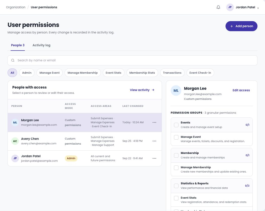 Anonymized User Permissions interface showing Morgan Lee, Avery Chen and Jordan Patel, access areas and individual permissions
