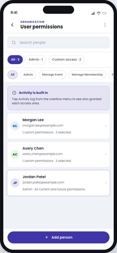 User Permissions mobile interface showing fictional committee members and their access