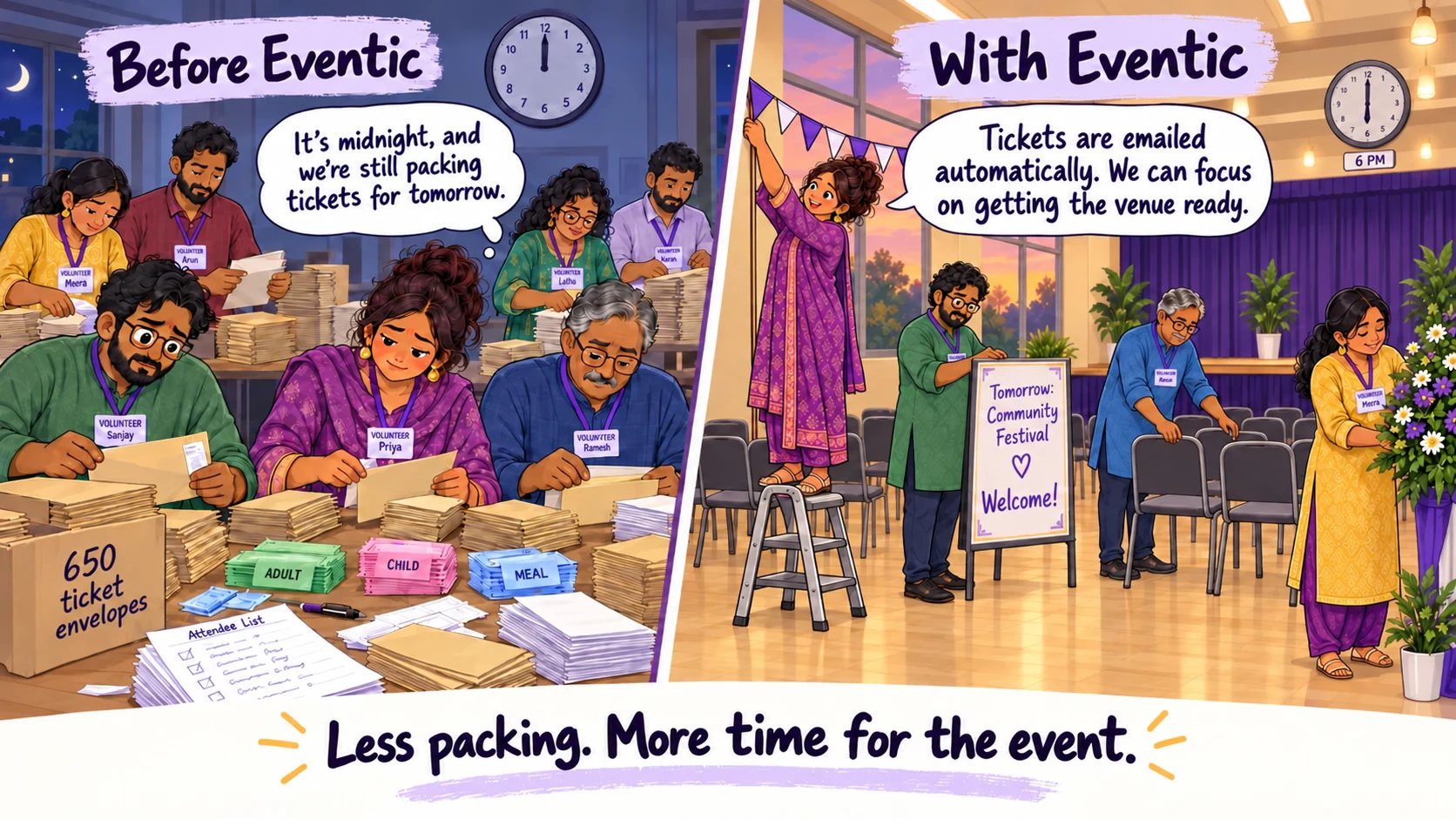 Without Eventic, seven adult community volunteers are still packing ticket envelopes at midnight. With tickets emailed automatically, volunteers focus on decorations, chairs, and venue preparation at 6 PM instead.