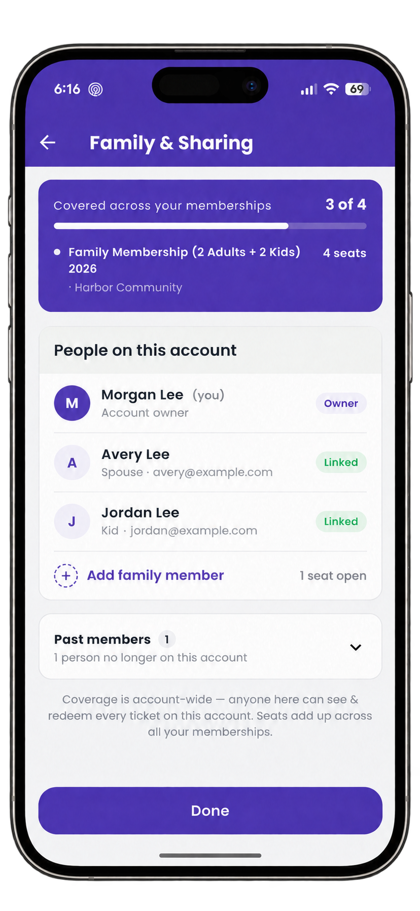 Anonymized Family and Sharing app screenshot showing Morgan Lee as the owner, linked family members Avery and Jordan, coverage seats, and the Add family member action