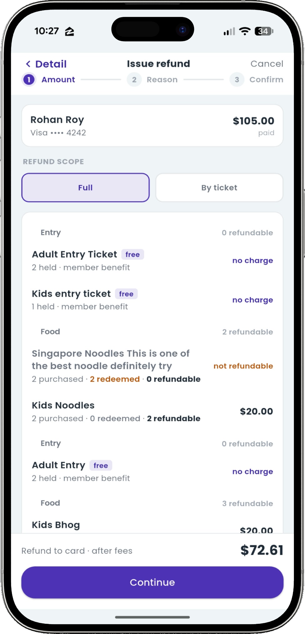Refund amount step showing free membership entry, redeemed food marked not refundable, eligible food tickets, and the calculated refund to card