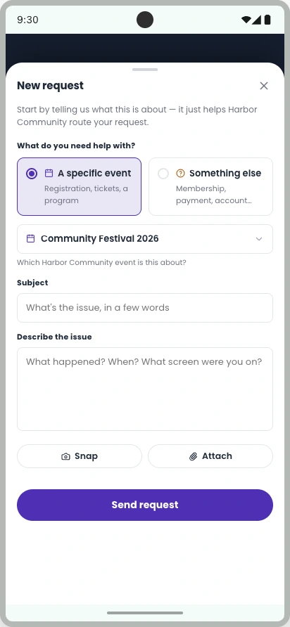 Eventic Help request form with event selection, subject, description, attachments, and Send request