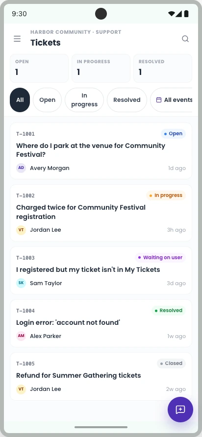 Eventic mobile organizer dashboard showing support requests and their statuses