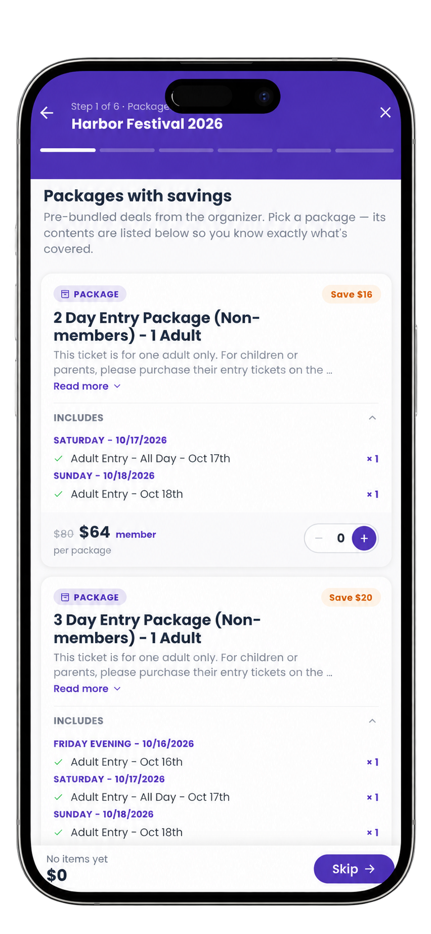 Anonymized mobile Eventic registration showing two-day and three-day entry packages, included tickets and bundle savings