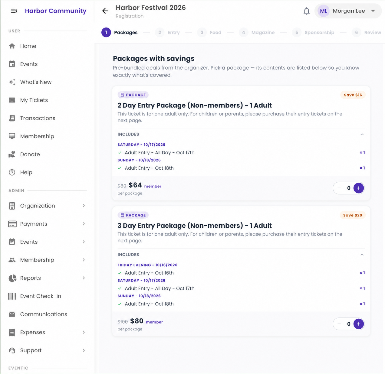 Anonymized Eventic Packages registration screenshot for Harbor Festival showing two-day and three-day entry bundles with included tickets, prices and savings